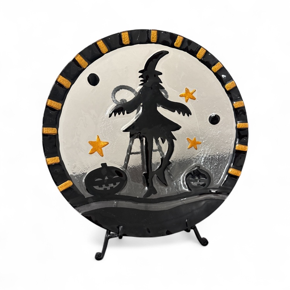 Halloween Witch 15” Glass Decorative Plate with Stand Black & Orange Decor